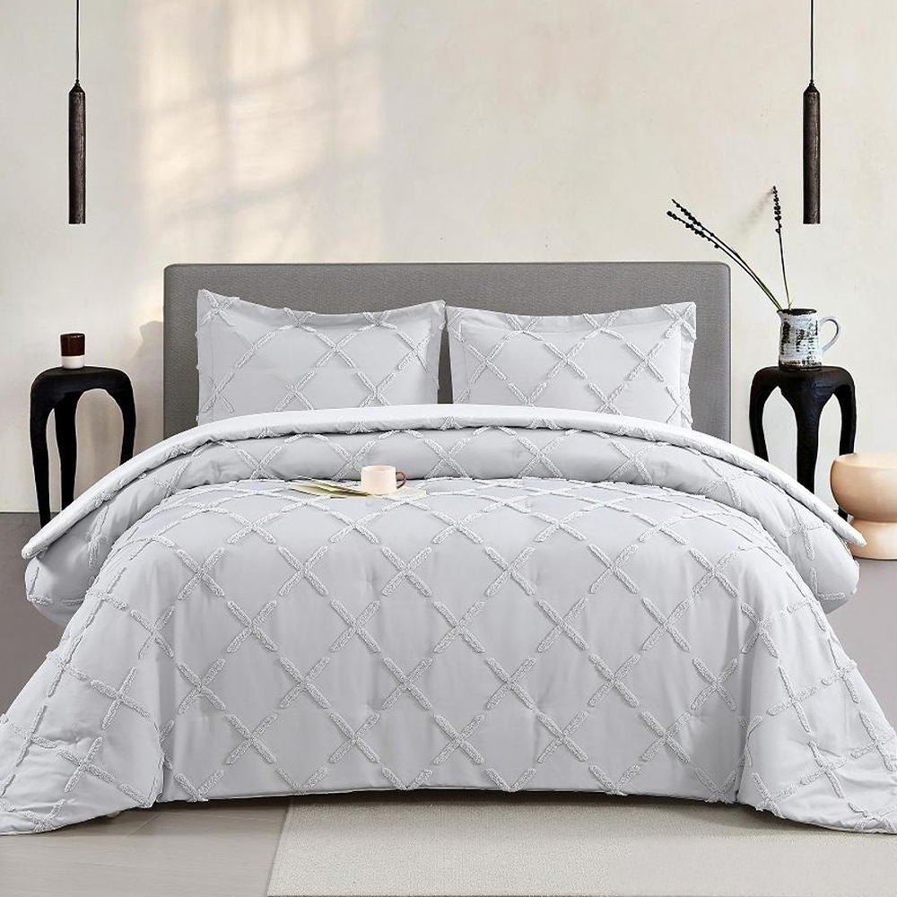 Conjunto de funda de edredón con bordado de chenilla con mechones geométricos Serene Ruching Juego de ropa de cama