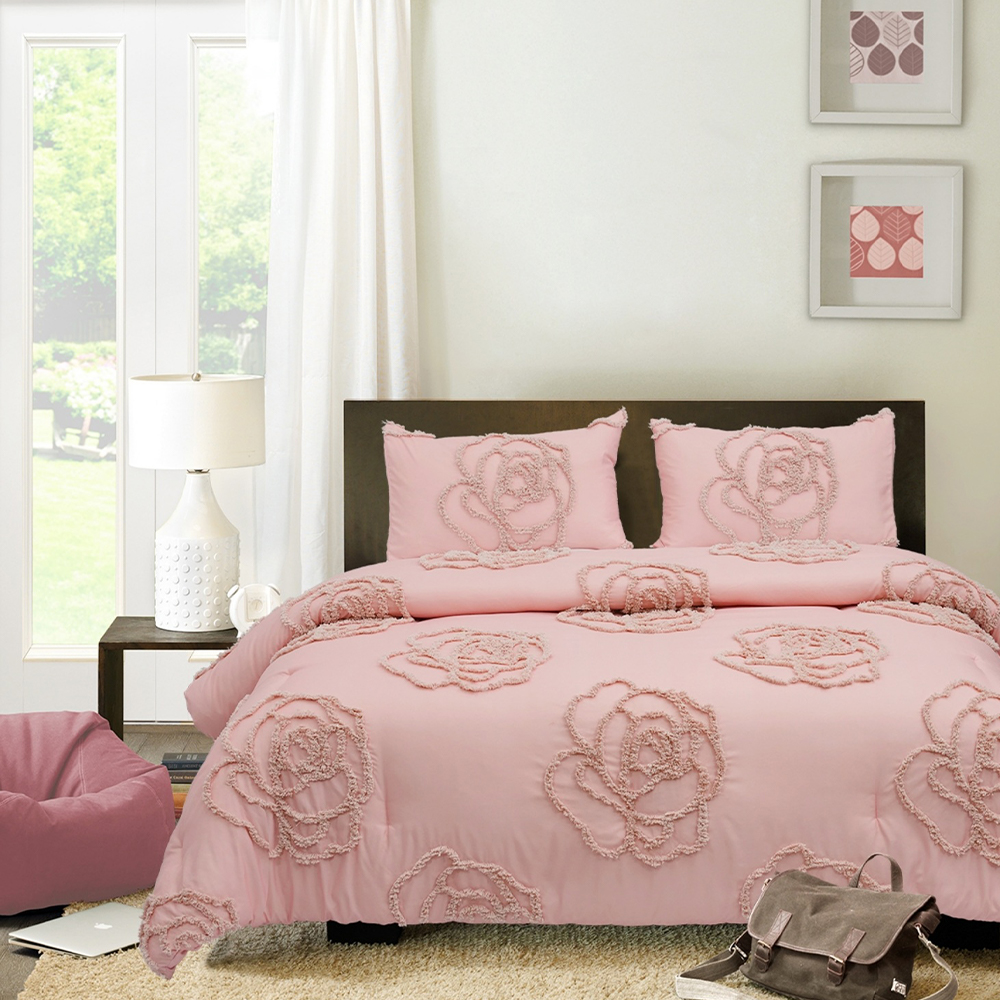 Conjunto de funda de edredón con bordado de chenilla y copete floral Mirelle Rose, juego de cama