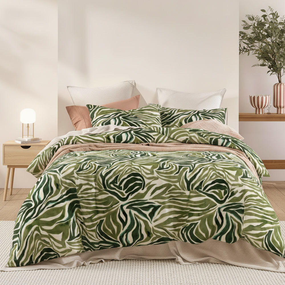 Juego de fundas de edredón con estampado de algodón y microfibra pura con estampado de hojas verdes Juego de ropa de cama