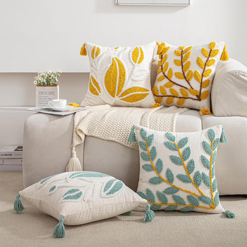 Delicate leaf embroidery cushion deco pillow with tassle