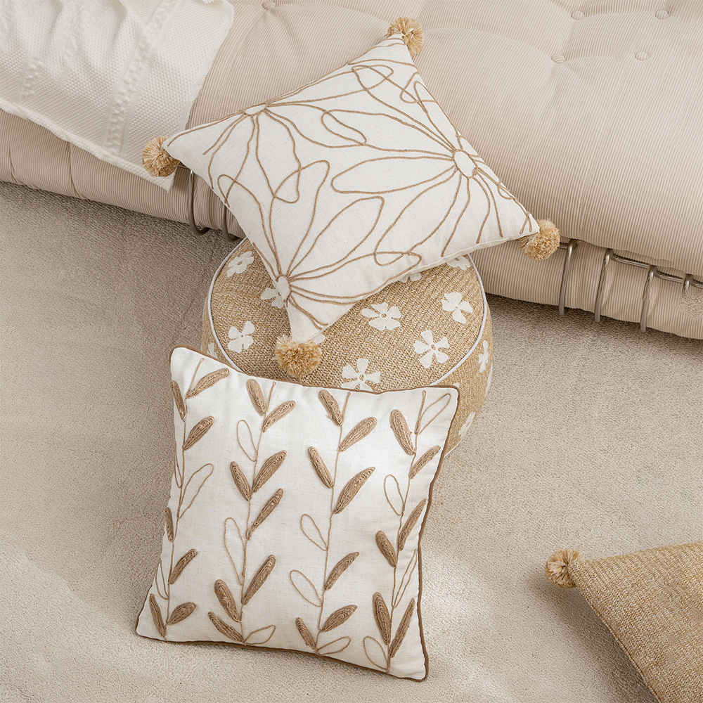Almohada decorativa de cojín con bordado de cuerda floral