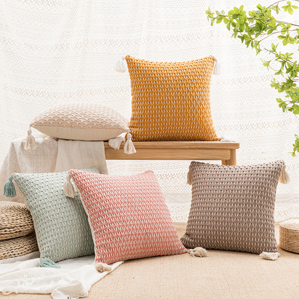 Almohada decorativa con cojín de borlas tejidas trenzadas