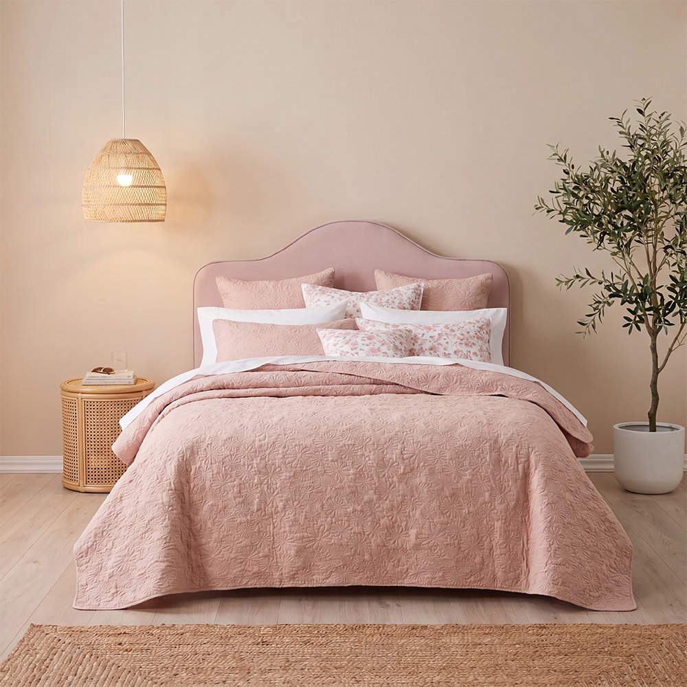 Juego de edredón floral en relieve rosa polvoriento, colcha de microfibra de mezcla de algodón