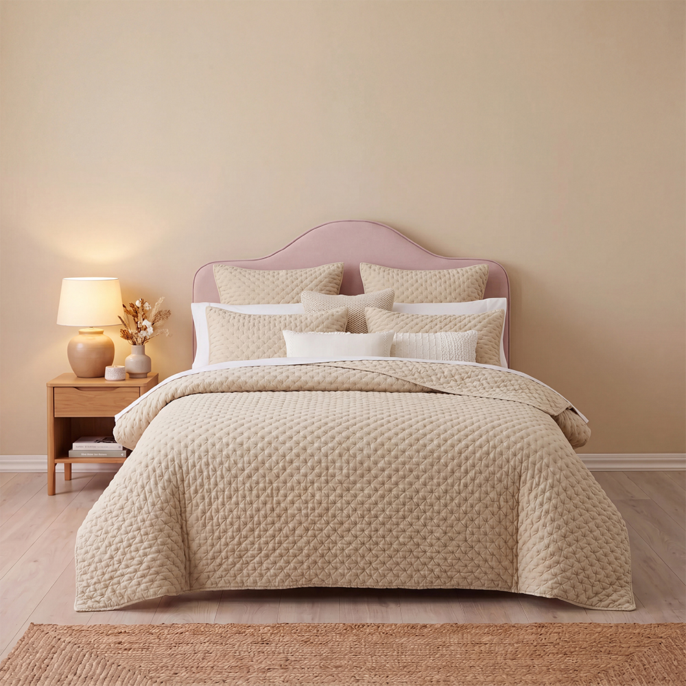 Juego de edredón con cruz de diamantes en relieve color beige, colcha de microfibra de mezcla de algodón