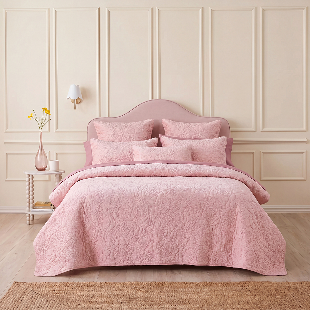 Juego de edredón floral rosa vintage polvoriento, colcha de microfibra de mezcla de algodón