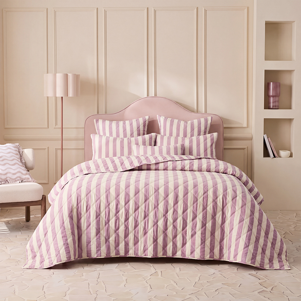 Juego de edredón de microfibra con rayas verticales, color crema y rosa polvoriento, colcha de microfibra de mezcla de algodón.