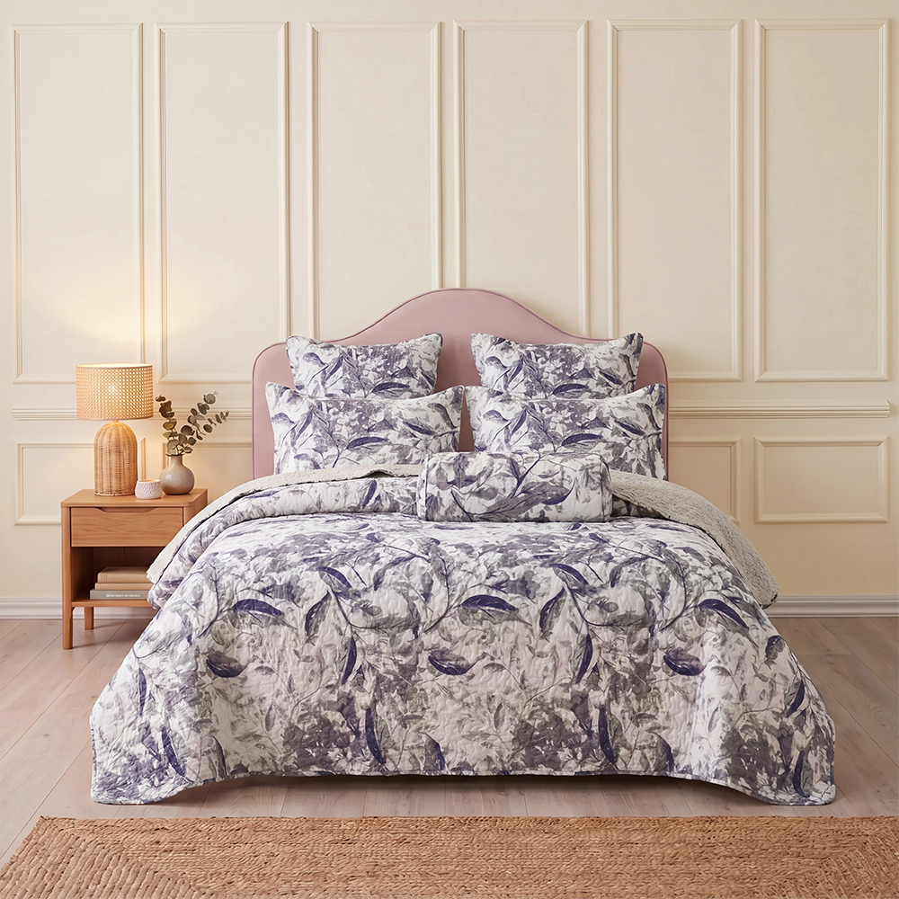 Juego de edredón con estampado de hojas moradas vintage, colcha de microfibra de mezcla de algodón